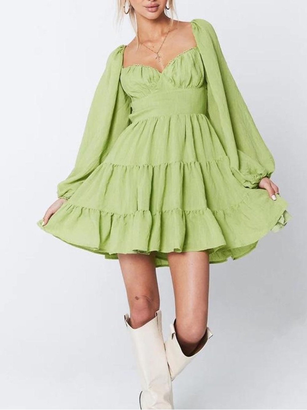 Princess Polly Danny Tiered Green Long Sleeve Dress Mini Garden Fairy